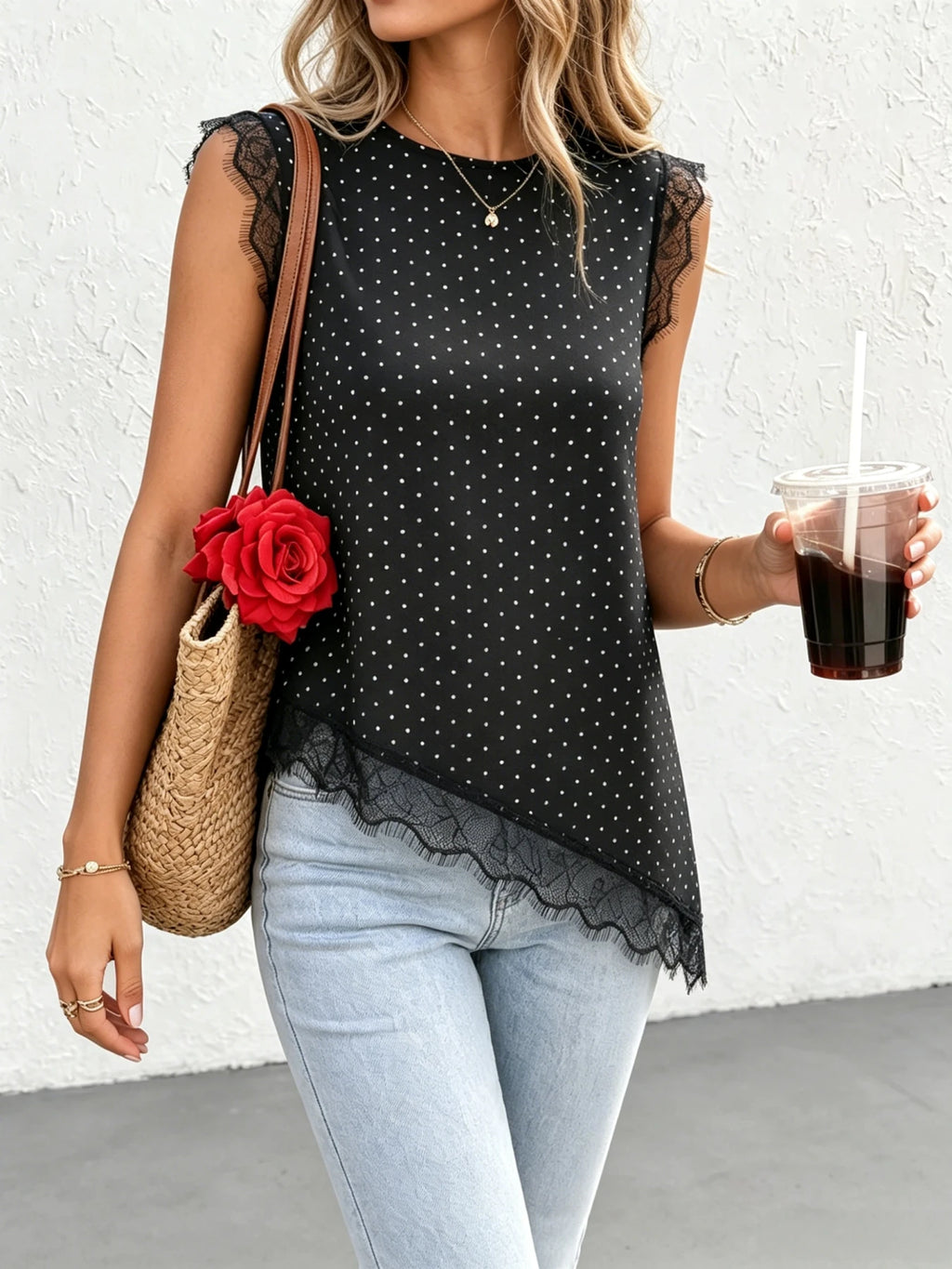 Polka Dot Lace-Trim Tank Top
