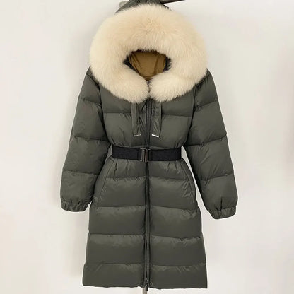 Women’s White Duck Down Puffer Coat with Real Fur Hood