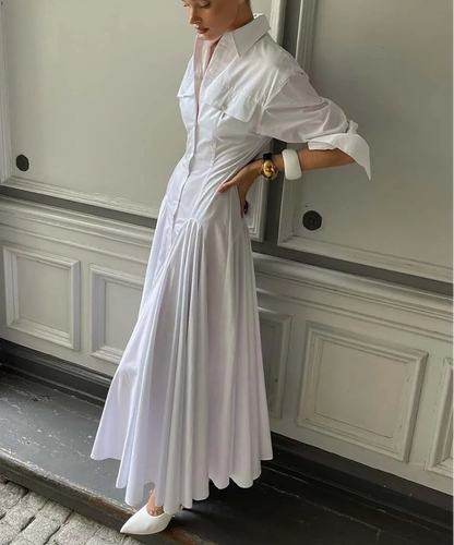 White Lapel Button Maxi Dress