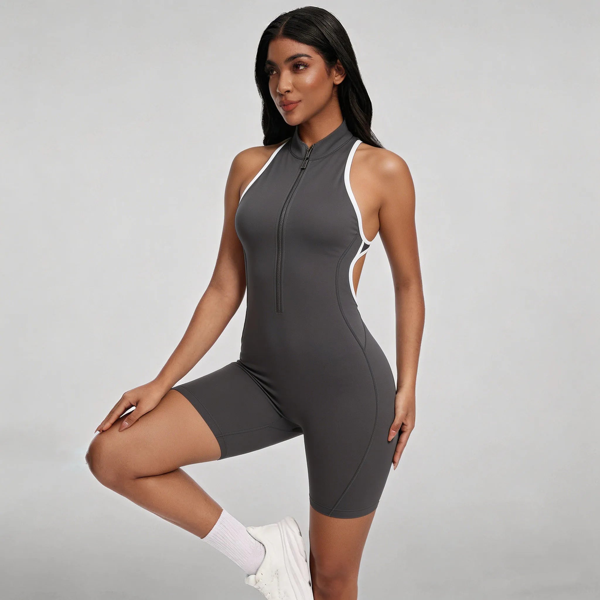 High-Stretch Knit Zip-Front Playsuit
