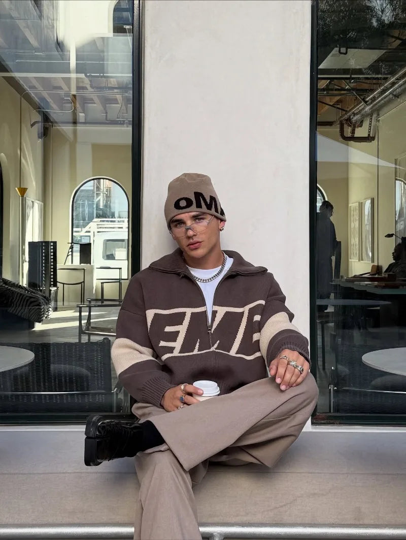 Spliced Letter Embroidery Zipper Cardigan