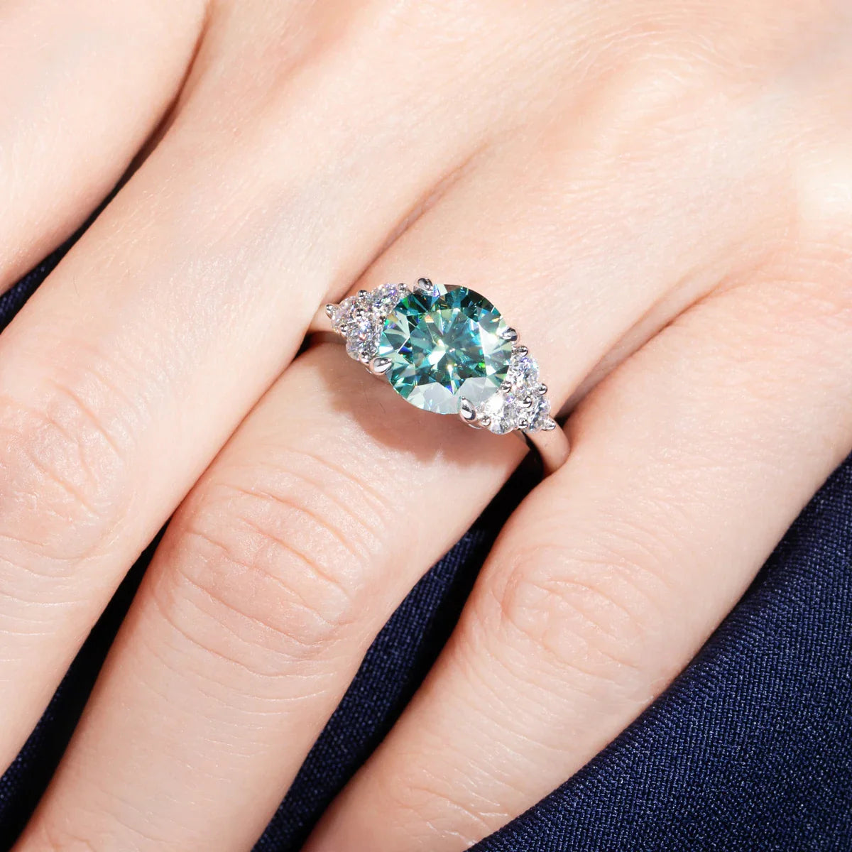 Sterling Silver Blue Green Moissanite Ring
