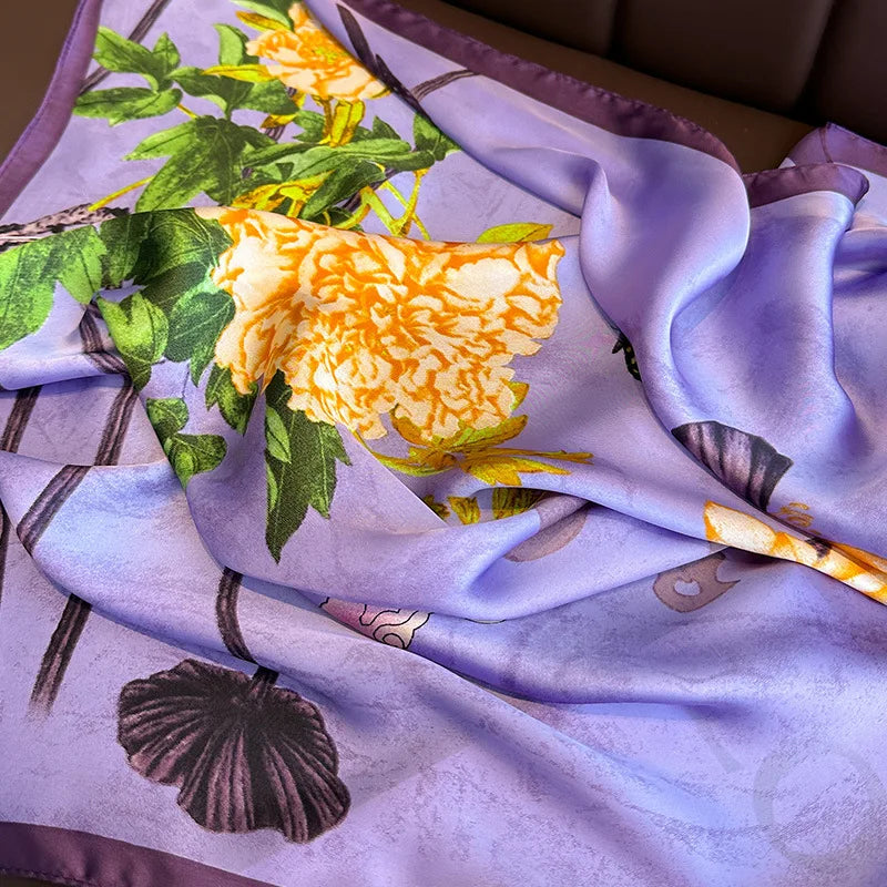 Purple Floral Satin Square Scarf
