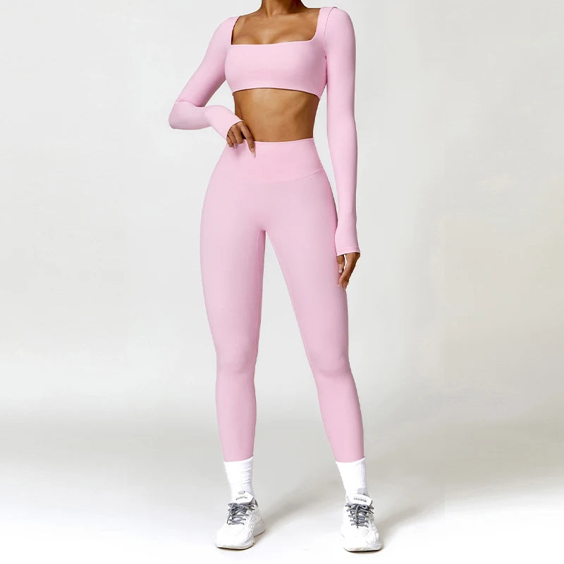 Nylon Solid Long Sleeve Two-Piece Yoga Set