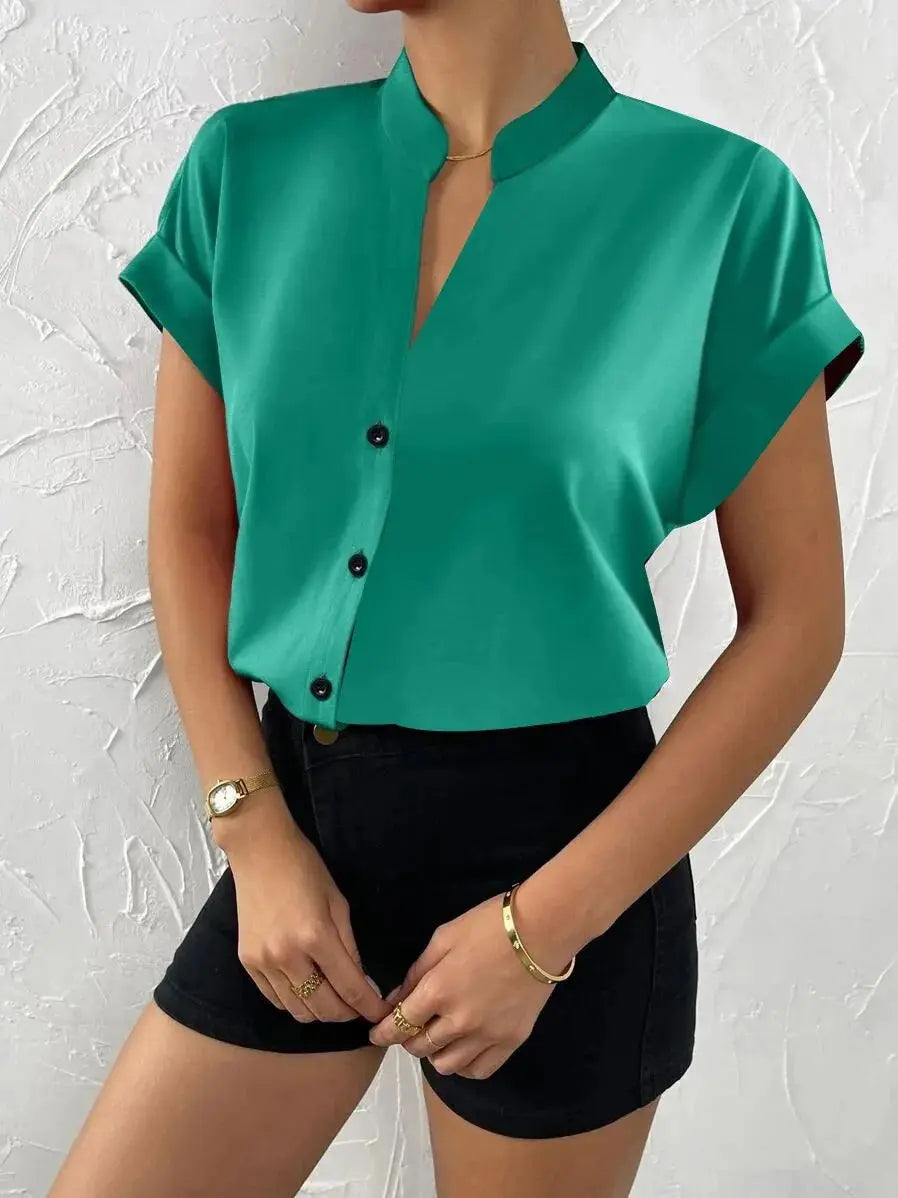 Jersey Solid Button Front Regular Fit Top