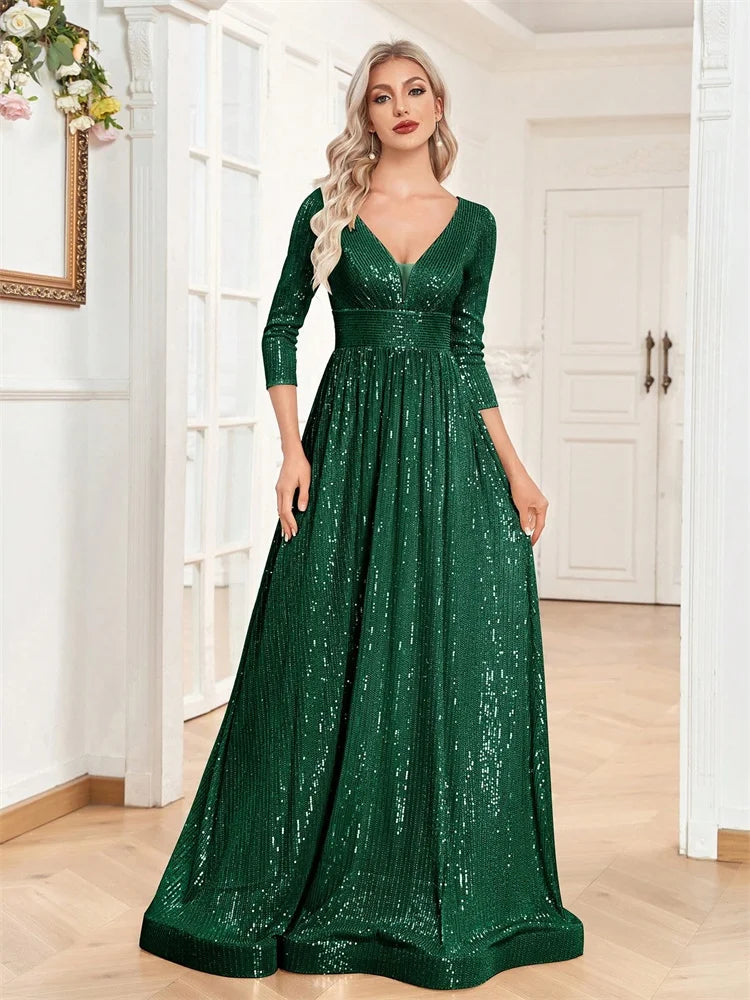 Long Sleeves Blue Sequins Formal Evening Dress