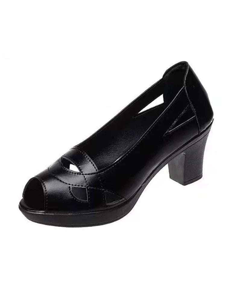 Women’s Black Leather Peep Toe Heels