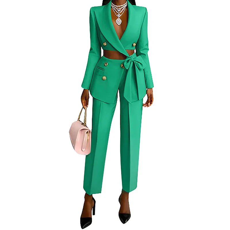 Elegant Lapel Bow Blazer Pant Set