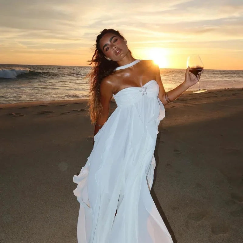 High-Slit Ruffled Halter Dress