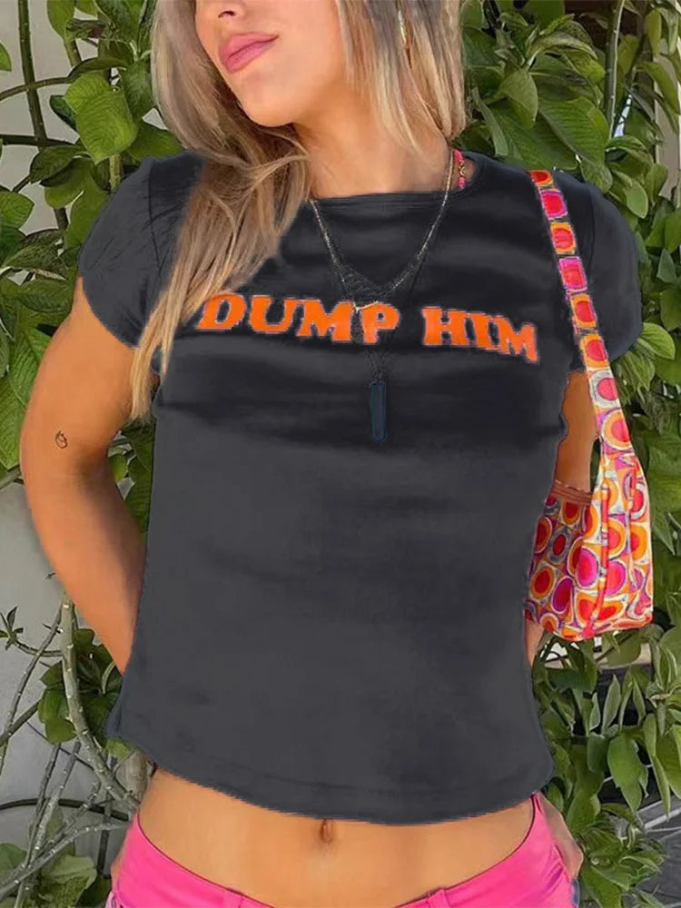 Broadcloth Letter Print Crew Neck Crop Top