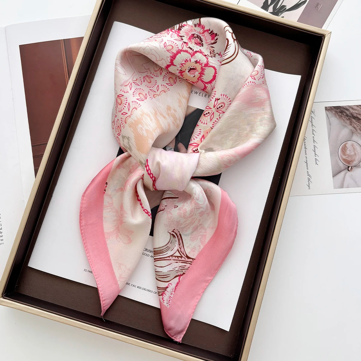 Satin Floral Print Square Scarf