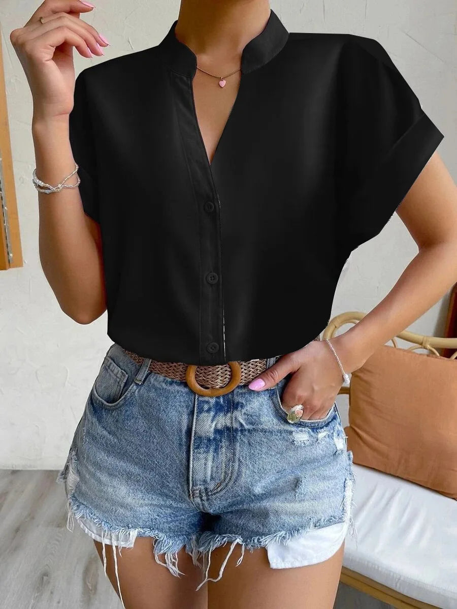 Jersey Solid Button Front Regular Fit Top