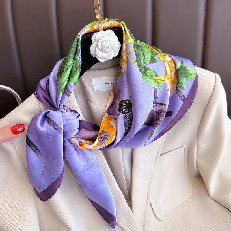 Purple Floral Satin Square Scarf