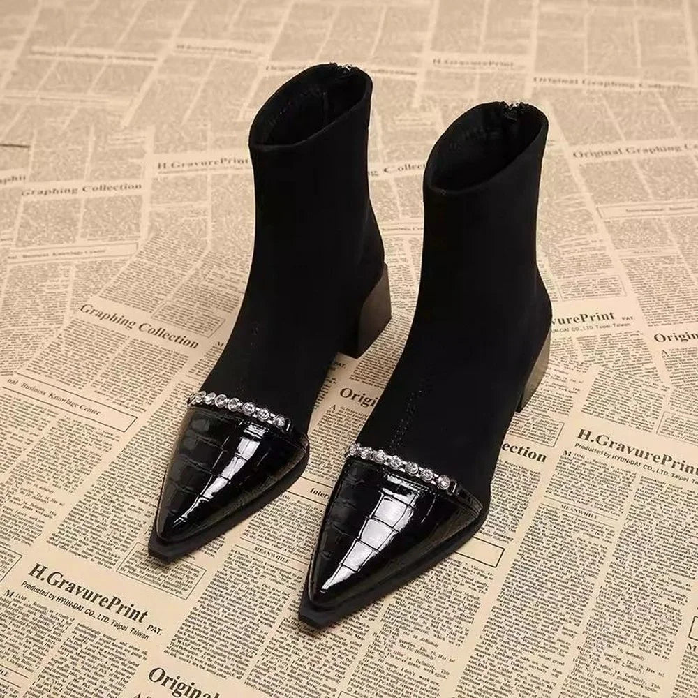 Rhinestone Pointed Toe Ankle Boots
