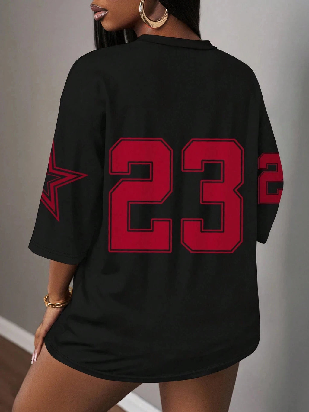 Blended Letter Print V-Neck True-To-Size Fit T-Shirt