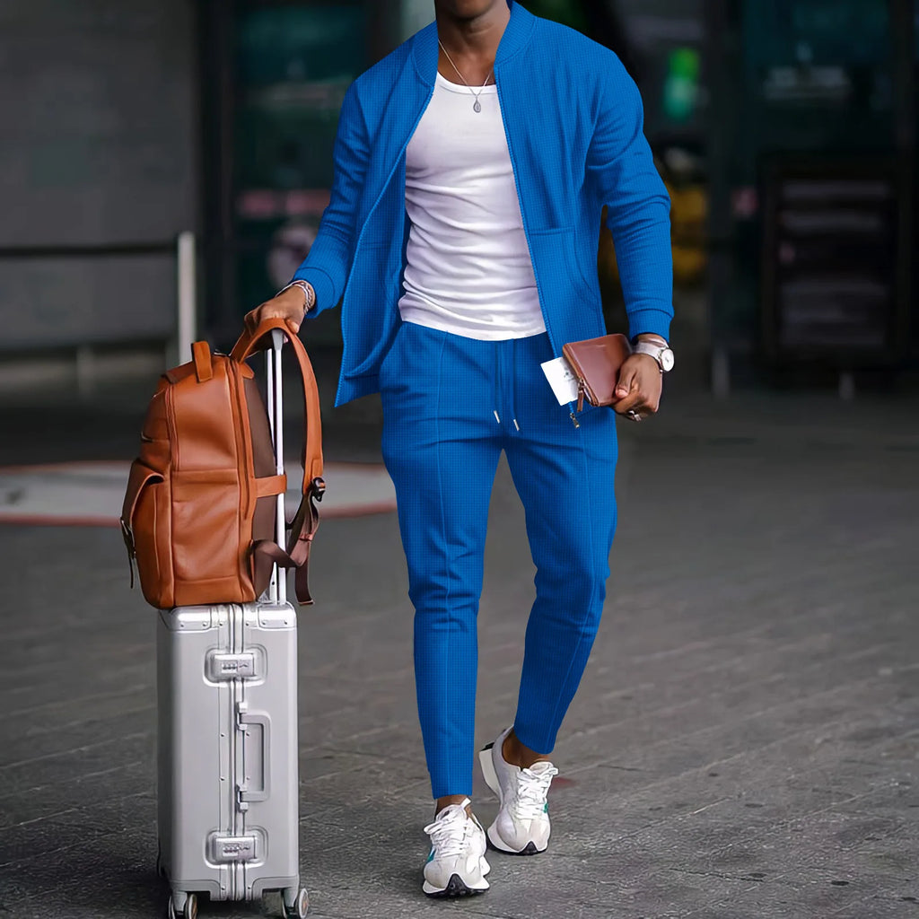 Waffle Zip Shirt Coat Trousers Set