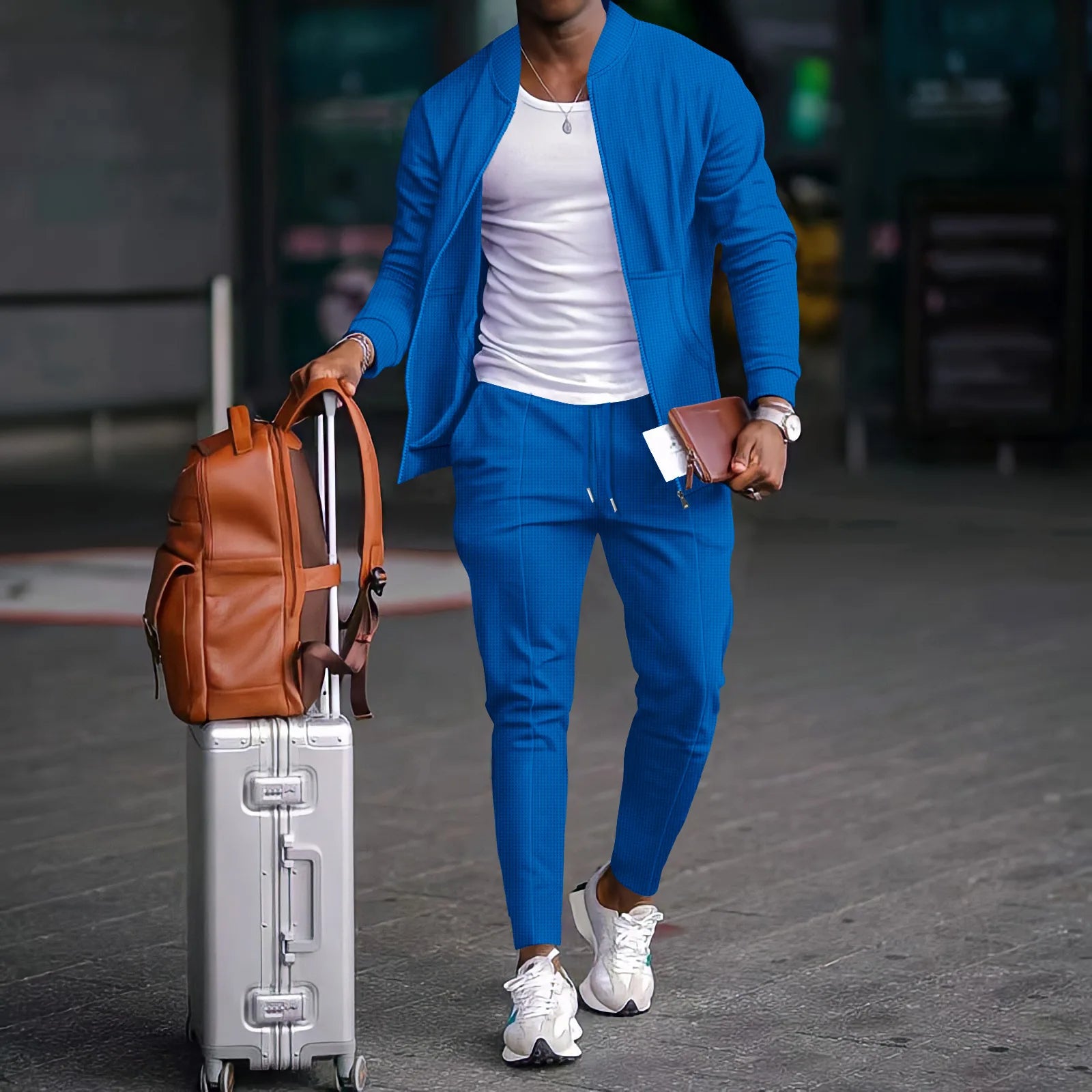 Waffle Zip Shirt Coat Trousers Set