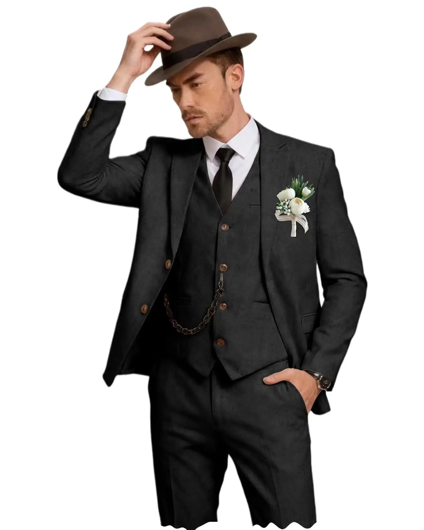 Three-Piece Linen Notch-Lapel Suit