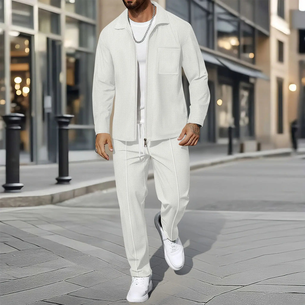 Waffle Zip Shirt Coat Trousers Set