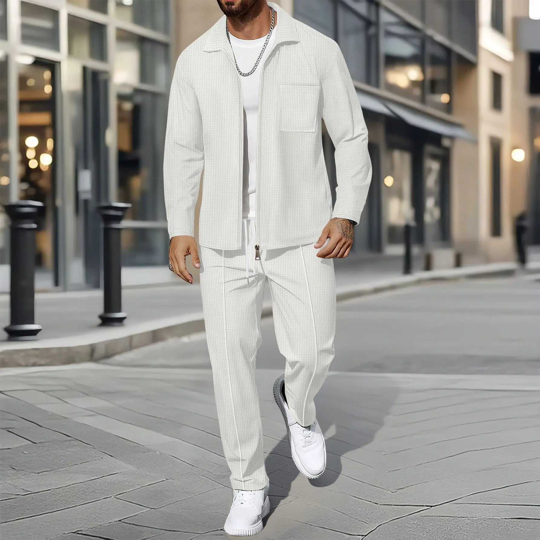 Waffle Zip Shirt Coat Trousers Set