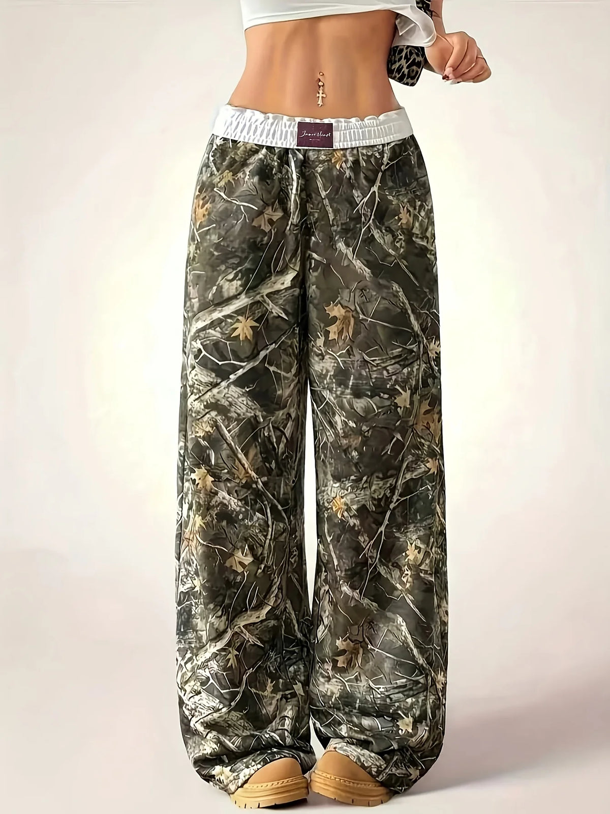 Camouflage Print Wide-Leg Pants