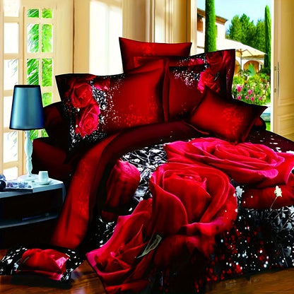 2/3pcs Red Rose Print Duvet Cover Set