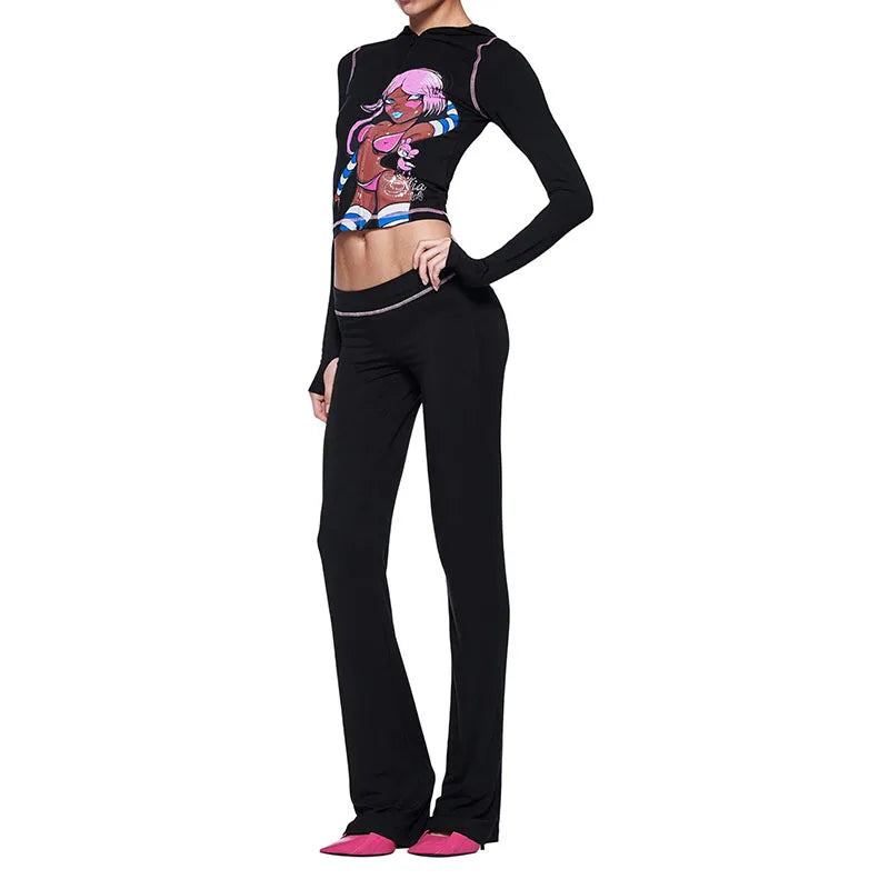 Blended Graphic Print Zip Front Two-Piece Yoga Set
