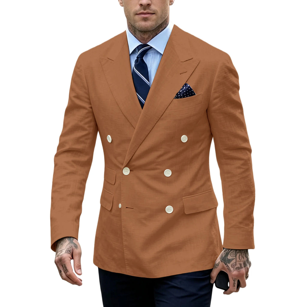 Linen Double-Breasted Slim Tuxedo Blazer