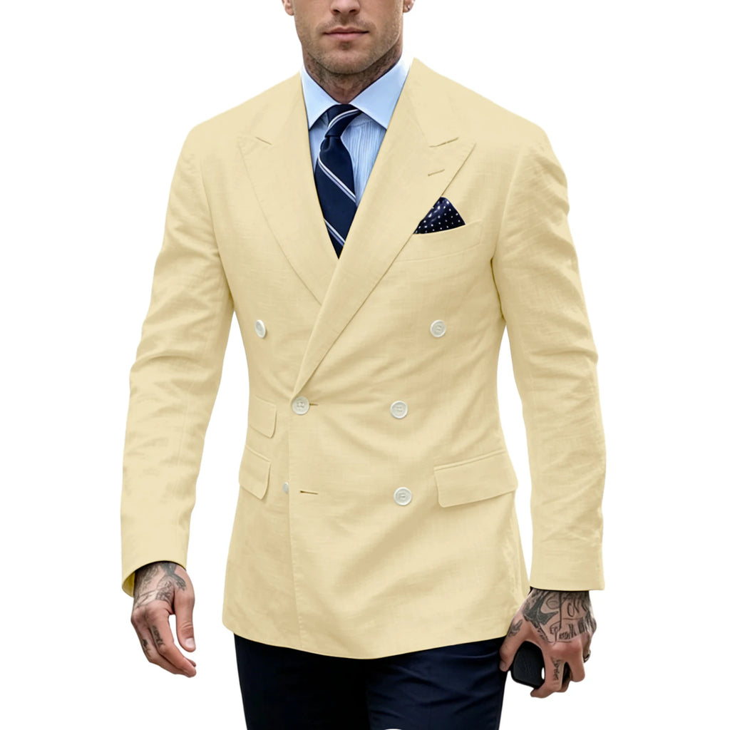 Linen Double-Breasted Slim Tuxedo Blazer