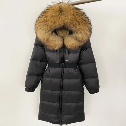 Women’s White Duck Down Puffer Coat with Real Fur Hood