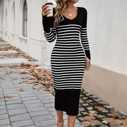 Deep V Striped Sweater Dress