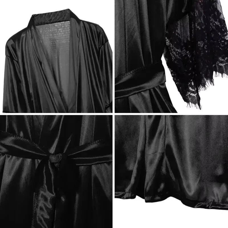 Women's Sexy Silky Satin Night Gown Robe with G-String