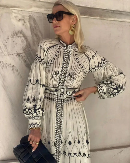 Retro Belted Long Sleeve A-Line Dress