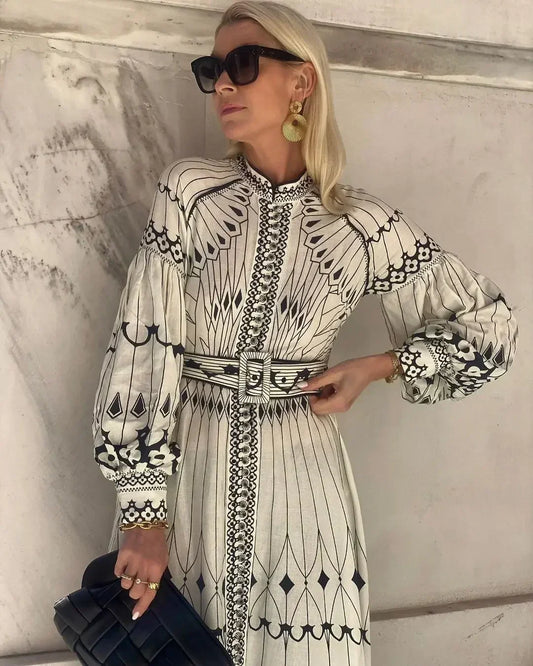 Retro Belted Long Sleeve A-Line Dress