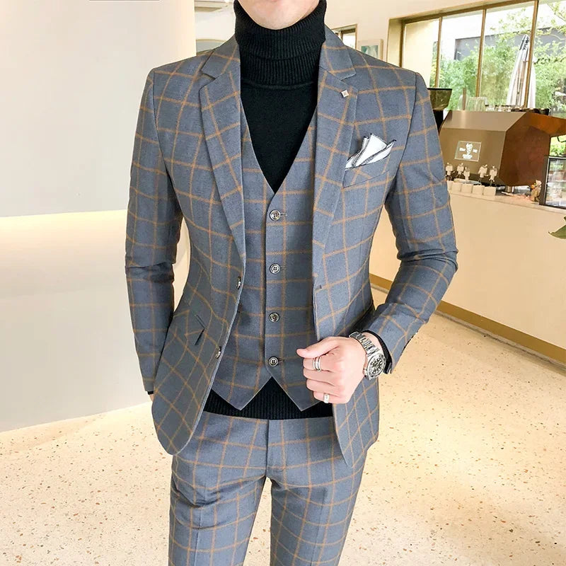 Boutique Plaid Three-Piece Business Suit