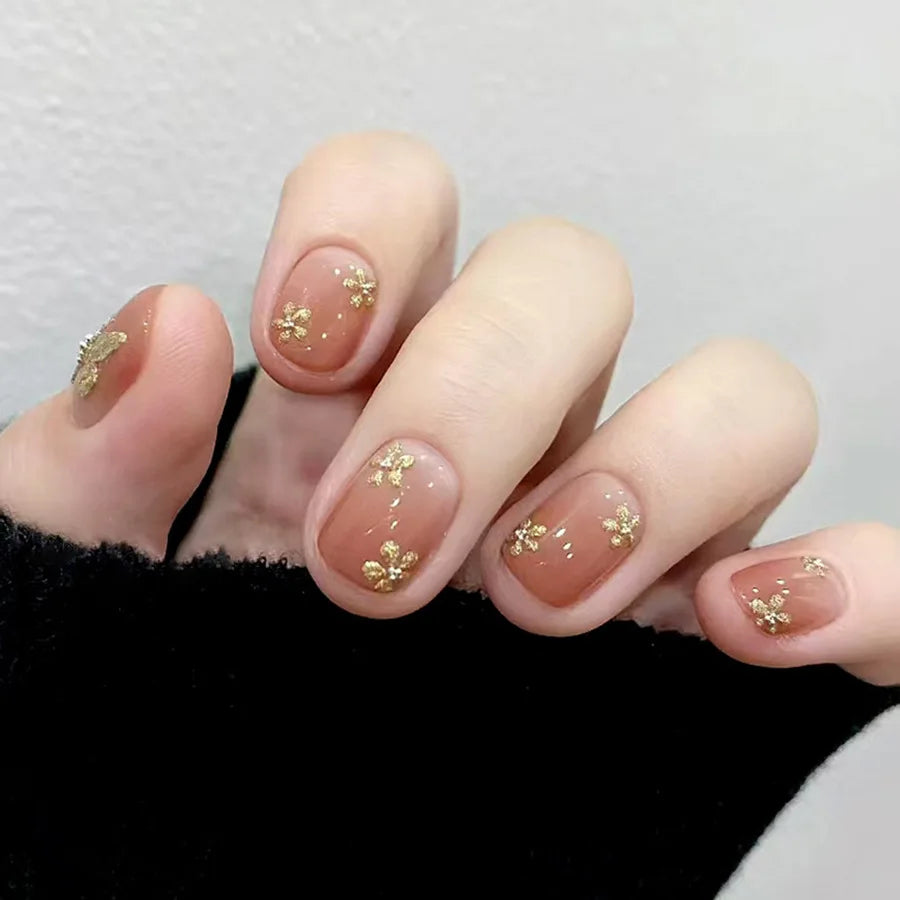 Short Medium fake nails golden