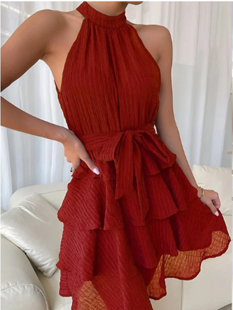 Stylish Sleeveless Shoulder Multi-Layered Ruffle Dress