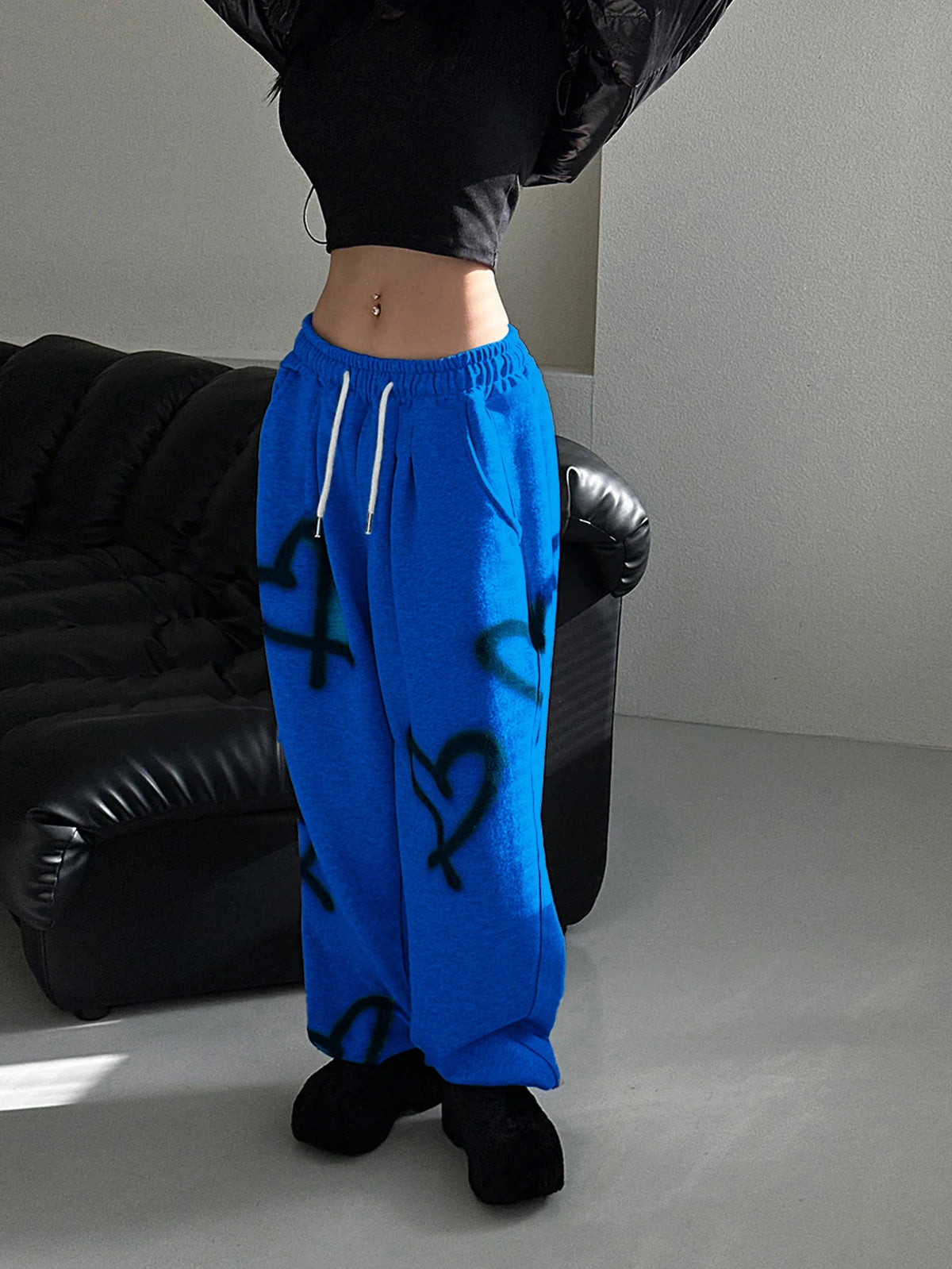 Heart Print Drawstring Wide-Leg Sweatpants