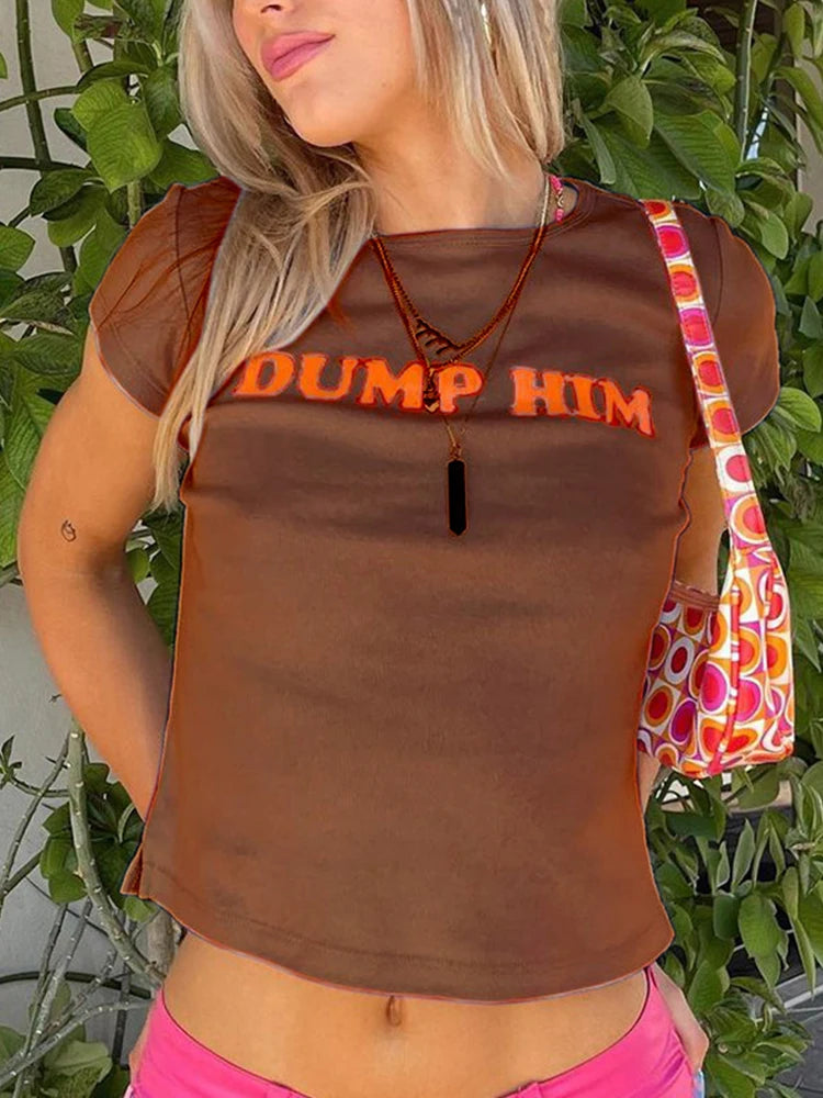 Broadcloth Letter Print Crew Neck Crop Top
