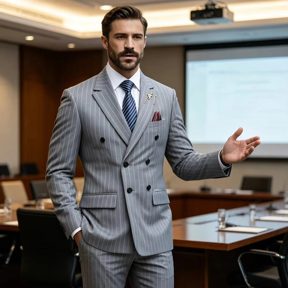 Pinstripe Double-Breasted Peak-Lapel Suit