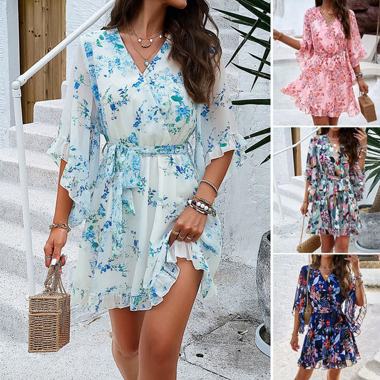 V-Neck Ruffle Floral Dress