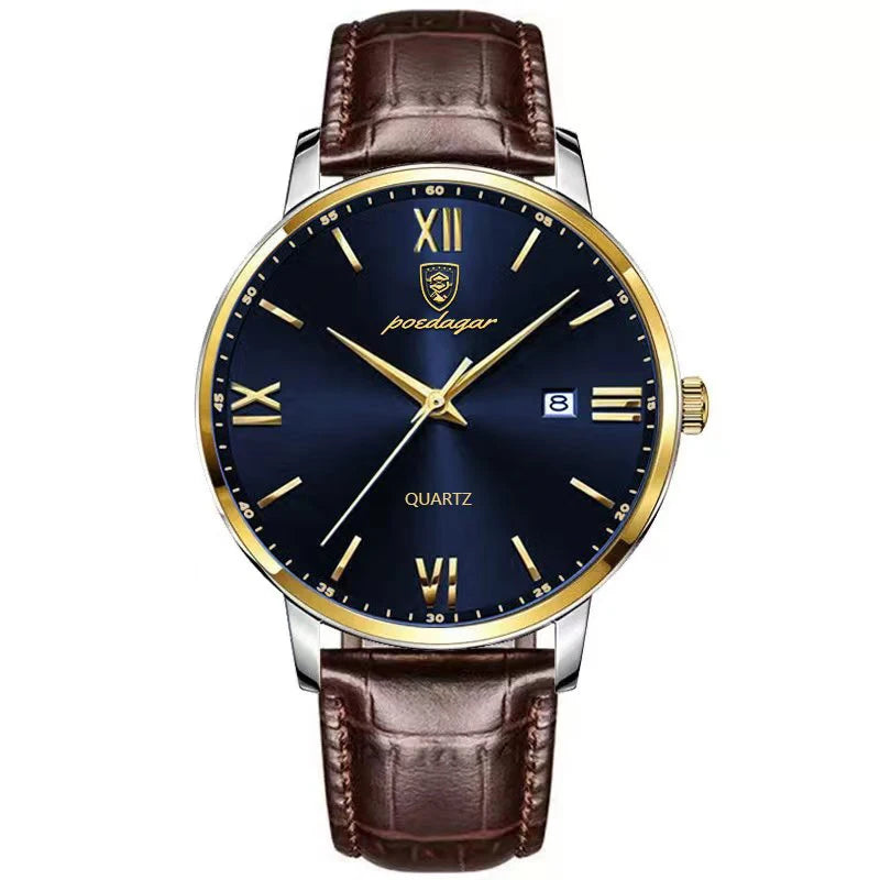 POEDAGAR Gold Leather Quartz Watch