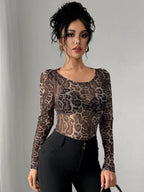 Leopard Print Sheer Long Sleeve Top