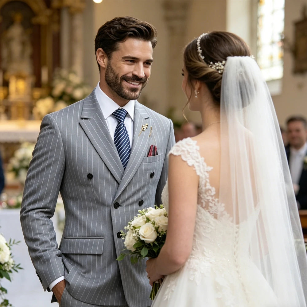 Pinstripe Double-Breasted Peak-Lapel Suit