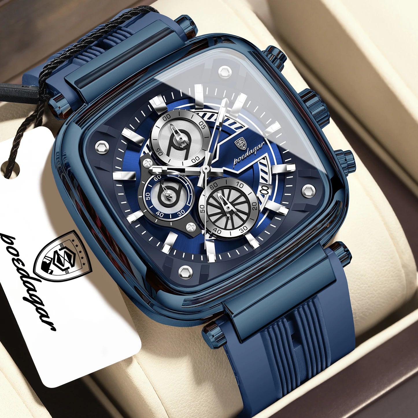 POEDAGAR Square Silicone Sport Watch