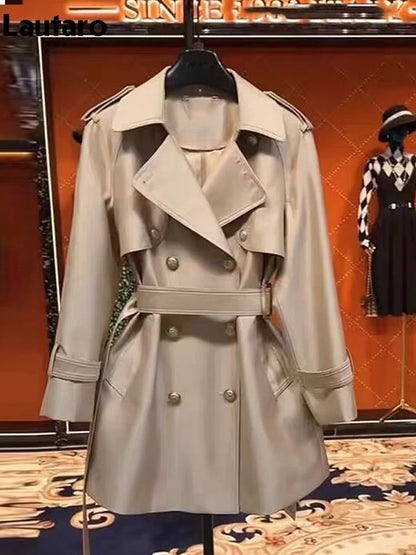 Women’s Khaki Satin Trench Coat with Belt
