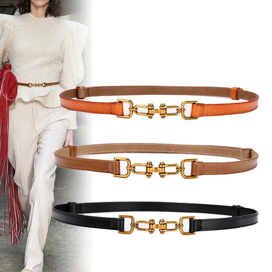 Korean Slim Genuine Leather Belt with Gold Buckle