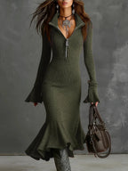 Zipper Lapel Fishtail Dress