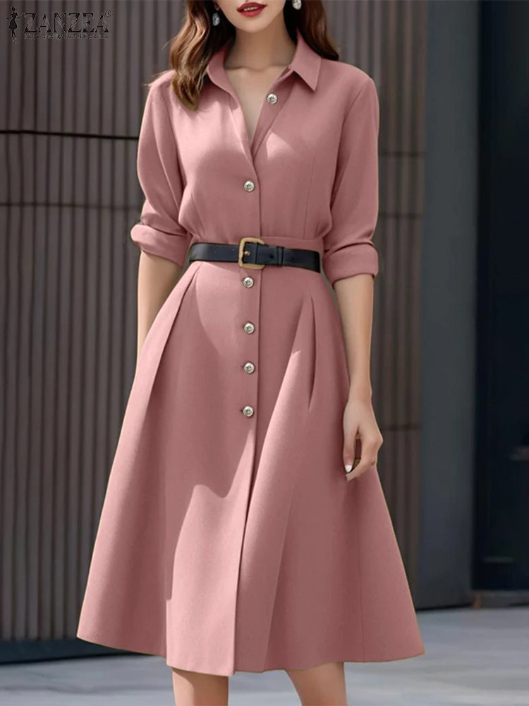Elegant Long Sleeve Midi Shirt Dress