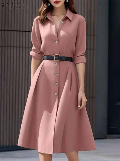 Elegant Long Sleeve Midi Shirt Dress